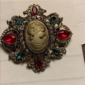 Rare Vintage Style Red & Green Lady With Rose Brooch